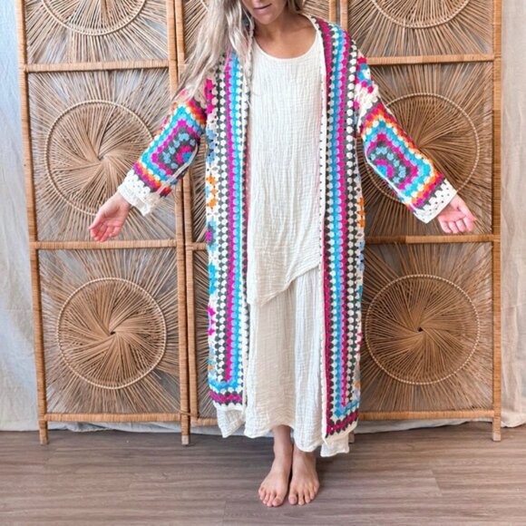 POL Colorful Granny Square Crochet Cardigan One Size - Picture 2 of 8